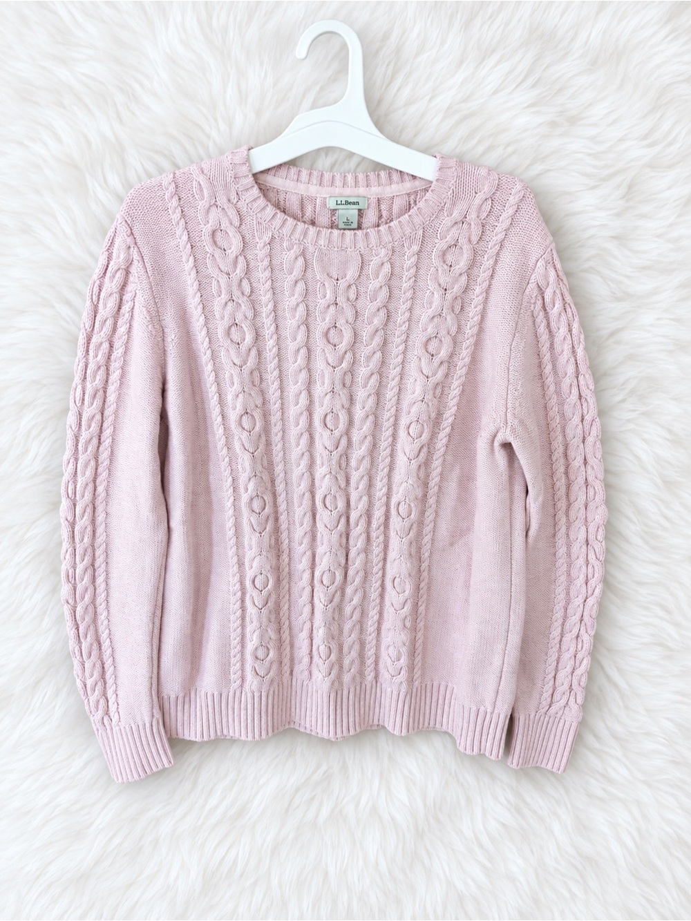 L.L. Bean Light Pink Cable Knit Crewneck Preppy Sweater| Size Large